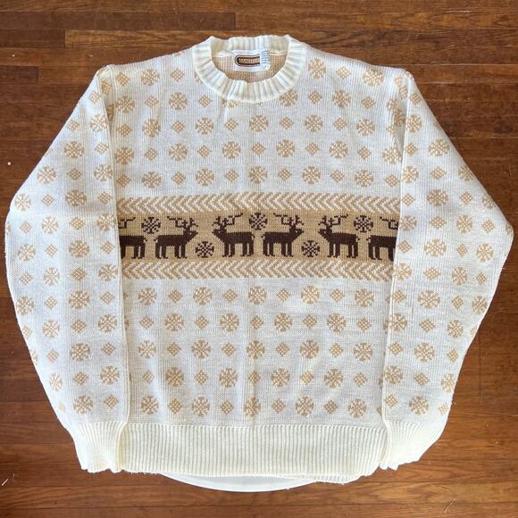 Vintage Bamberger's Deer Snowflake Nordic Knit Crewneck Sweater / L XL - Picture 2 of 8